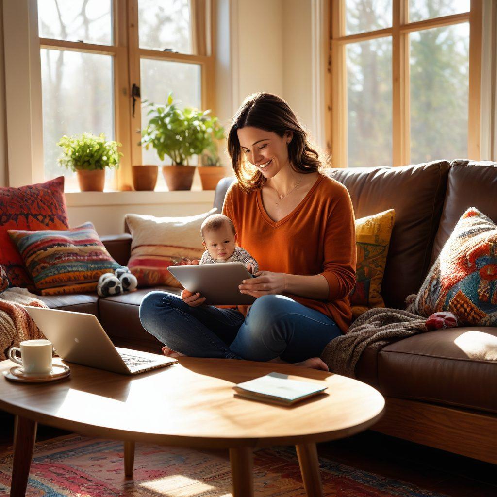 A warm, cozy living room scene featuring a multitasking mom surrounded by her children. The mom is smiling while balancing a laptop, a baby on her hip, and a toddler playing at her feet. Toys are scattered around, and a cup of coffee sits next to her on a coffee table. Soft sunlight filters through a window, creating a nurturing atmosphere. The image radiates warmth and family spirit. vibrant colors. super-realistic. warm lighting.