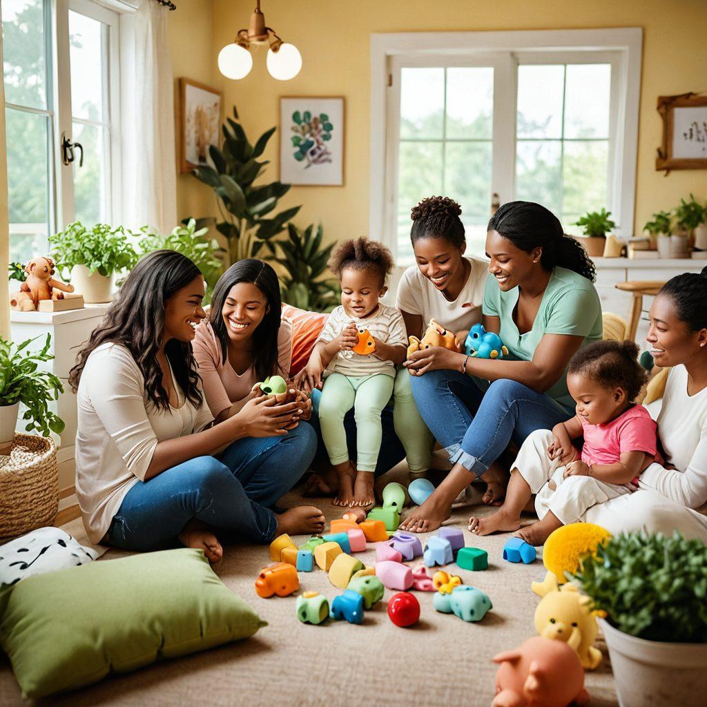 A warm, inviting scene of diverse mothers interacting in a cozy community space, sharing advice and laughter, surrounded by vibrant baby supplies and nurturing elements like plants and toys. Soft lighting and a mix of emotions showcasing the joy and challenges of motherhood. A supportive atmosphere with visible connections between the mothers. super-realistic. vibrant colors. soft focus.