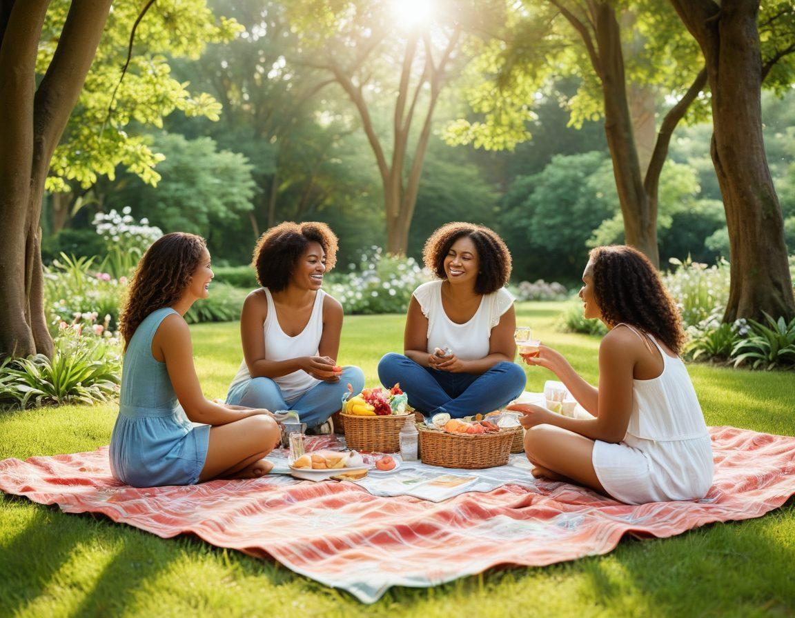 A heartwarming scene of diverse mothers in a sunny park, bonding over shared parenting challenges, with children playing nearby. Include elements of a vibrant community, like a picnic setup, plants, and supportive friends chatting and smiling. Visualize a sense of unity and cooperation among women of different backgrounds. Soft, warm colors to create a nurturing atmosphere. super-realistic. vibrant colors. natural light.